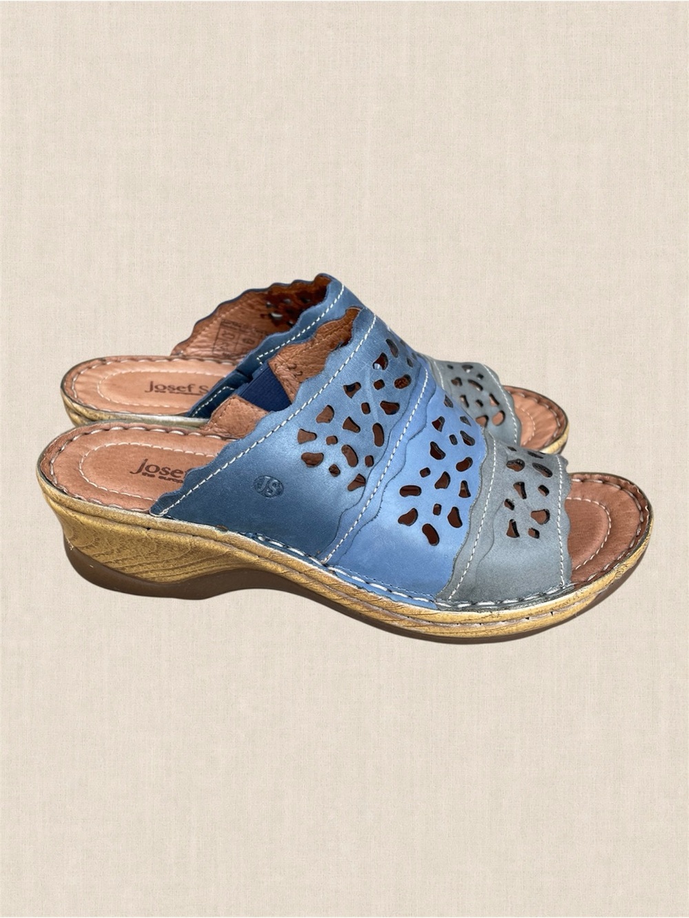NWOT Josef Seibel Leather Slide Sandals EU 38 Blue Gray ComfORT Mules Slip On